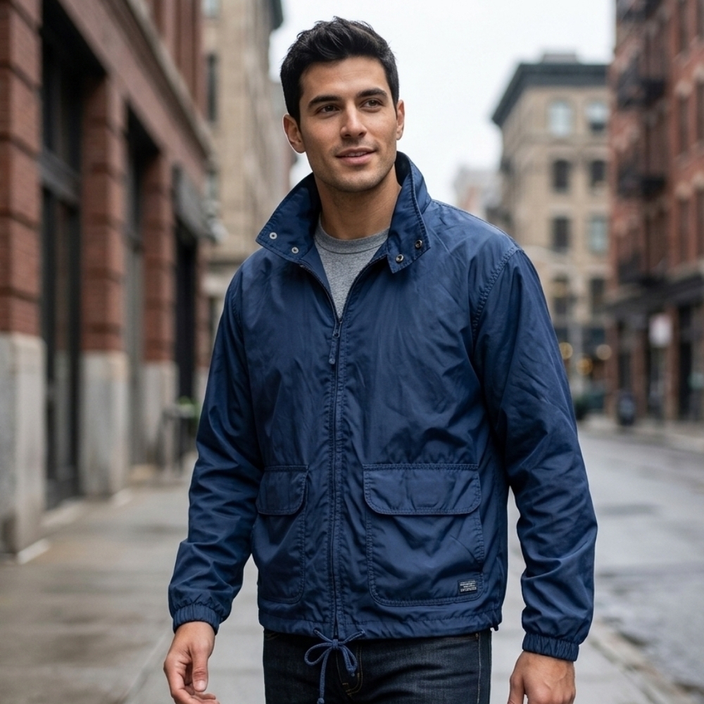 STOW IT A WAY Vintage Men's Navy Blue Lightweight Windbreaker Hooded M Jacket